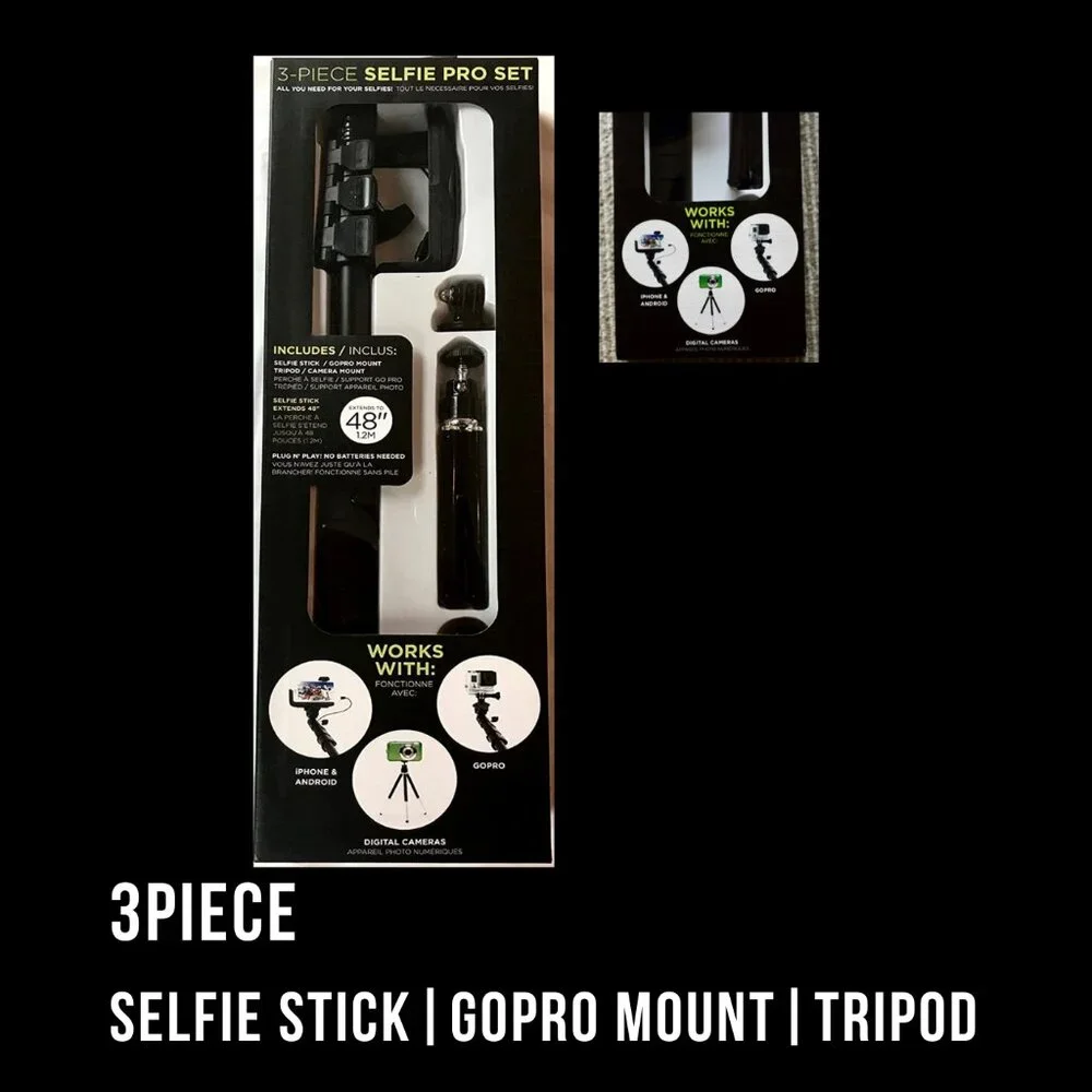 (NEW) 3 Piece Tripod, GoPro Mount & Selfie Stick